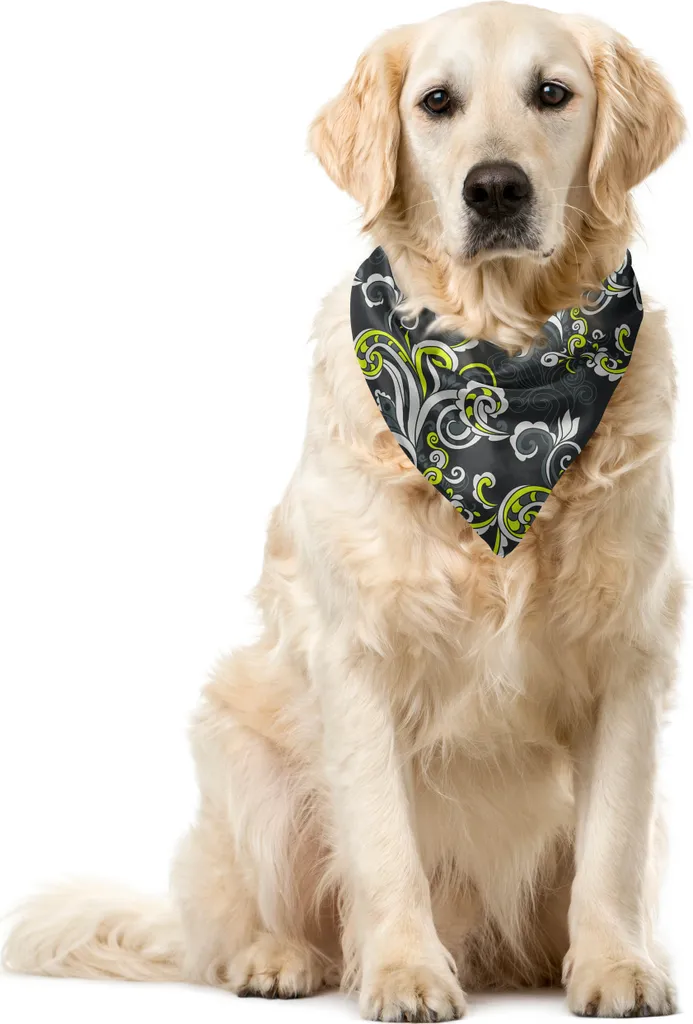 ABAKUHAUS Bandana per animali domestici con motivi floreali, foglie autunnali e volute, 40x40 cm, grigio, giallo, verde