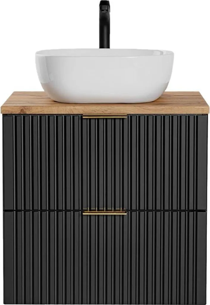 Gagner de la place : meuble salle de bain 60 cm noir, chêne et vasque