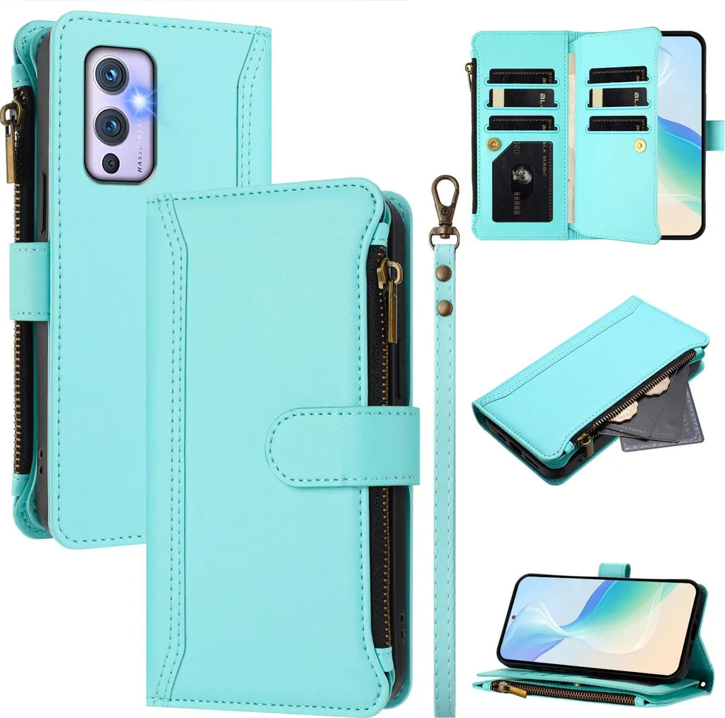 Custodia per OnePlus 9, con cerniera, portafoglio in Finto cuoio con tasche per carte, supporto e passante verde menta