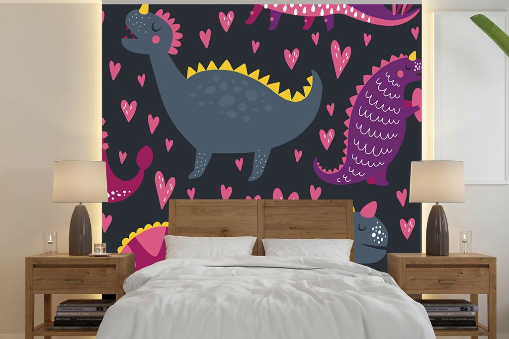 MuchoWow Fototapete für Wohnzimmer oder Schlafzimmer Wandtapete Vinyl Motivtapete Dinosaurier - Kind - Muster - Rosa - Mädchen - 220x220 cm - K...