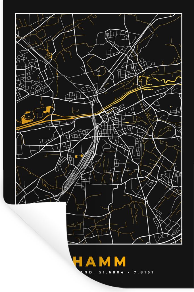 MuchoWow Wandtattoo Wandsticker Wandaufkleber Schwarz und Gold - Stadtplan - Hamm - Deutschland - Karte 80x120 cm Selbstklebend und Repositionier...