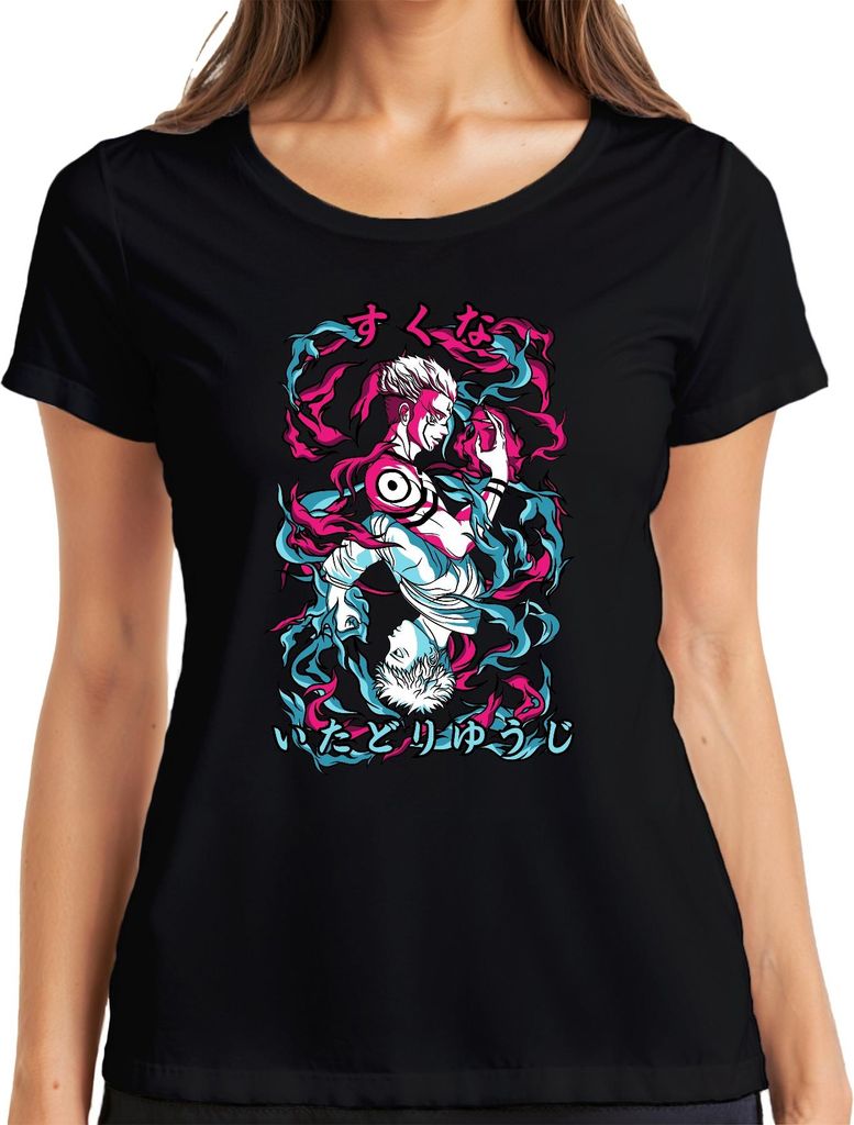 Jujutsu Kaisen Itadori Yuji Sukuna Anime Ästhetik düster Flammen Damen T-Shirt, Schwarz, XL