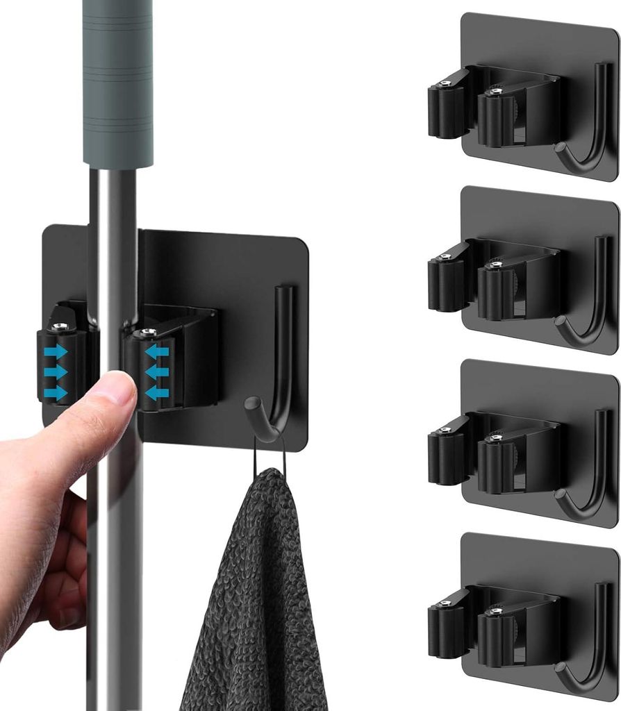 4er-Pack - selbstklebender Besenhalter - Besenaufhängesystem - bohrfreier Wischmopp-Besenhalter - robuster wandmontierter Wischmopp-Besen-Organize...