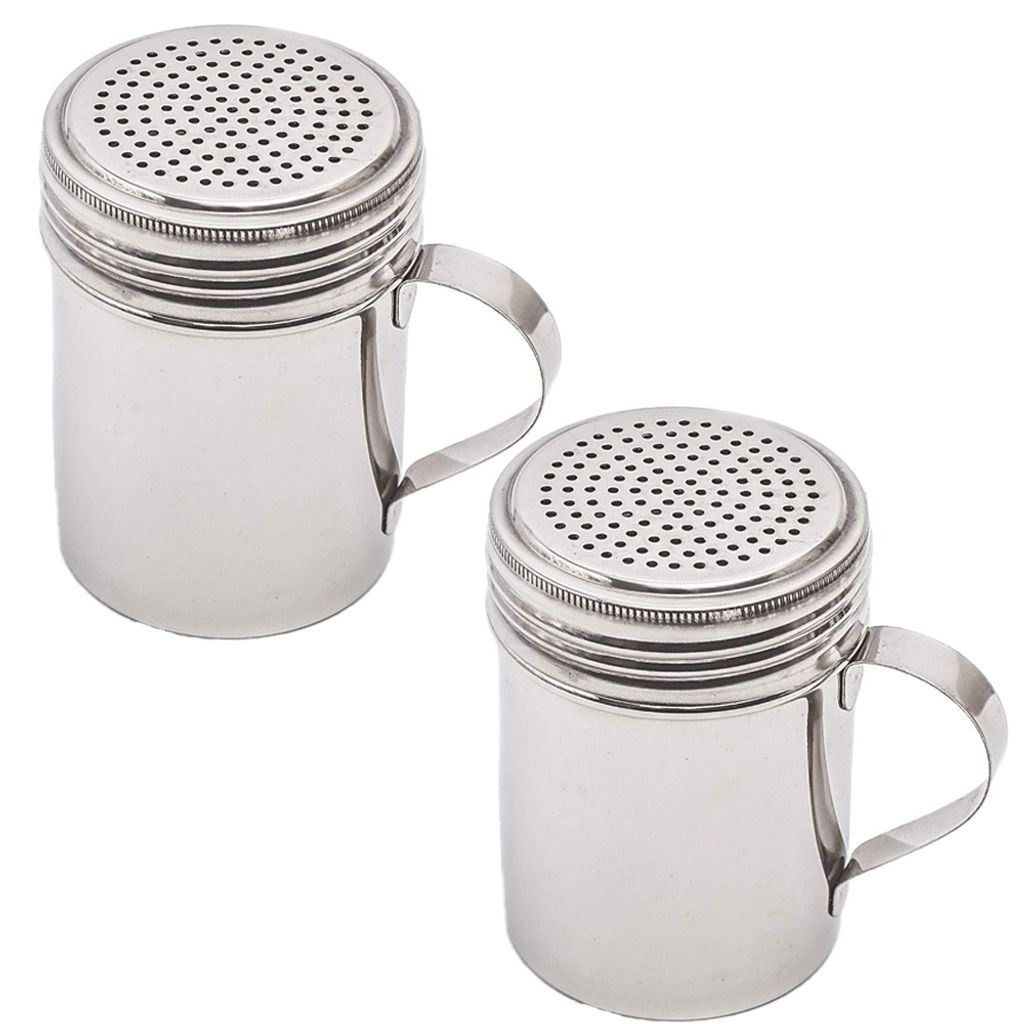 Two stainless steel shakers with handles and perforated lids are shown against a white background.