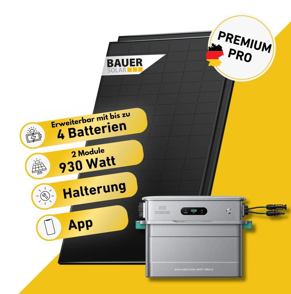 930 Watt, Bifazial Komplettset, Balkonkraftwerk, Zendure Solarflow 800 Pro 2, Halterung Bitumendach vertikal und MC-4 Verlängerungskabel