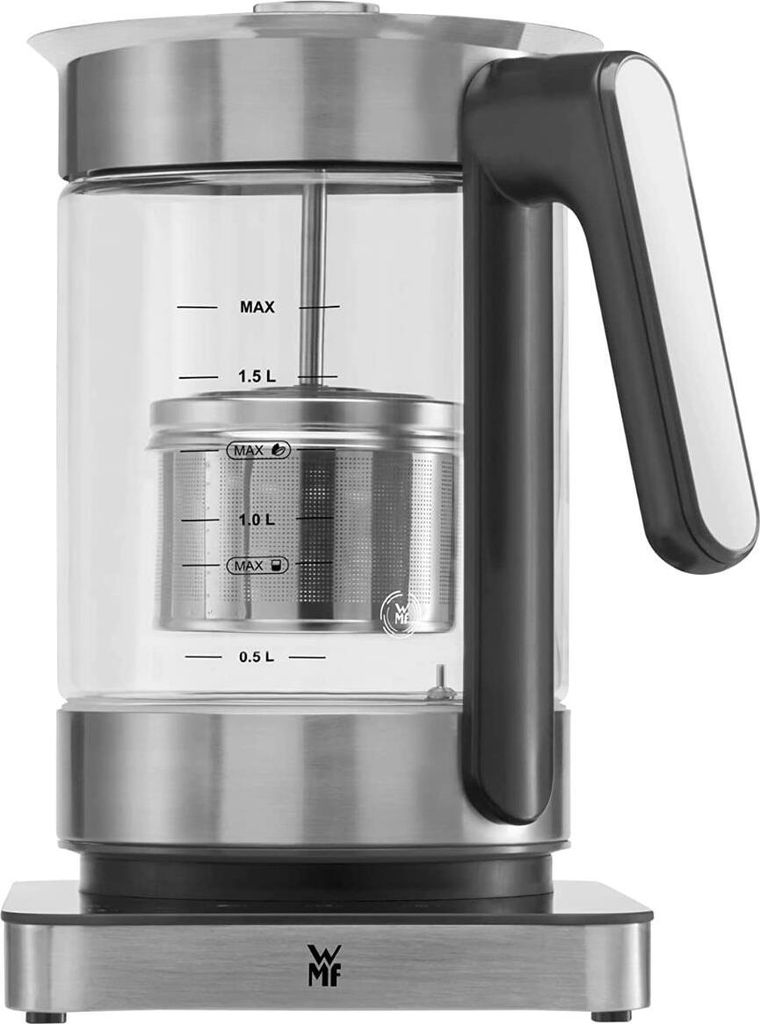 A WMF electric kettle with a glass body and a tea infuser is displayed against a white background.