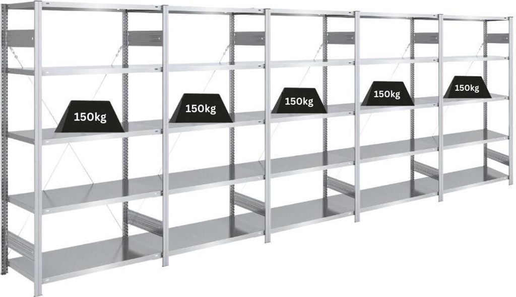Schwerlastregal SILVER MAMBA Germany | HxBxT 200x500x50cm | 5 Ebenen je 150kg Fachlast | Verzinkt