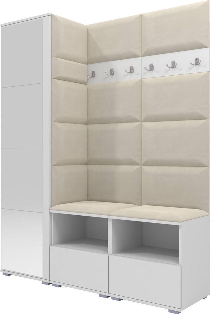 A white and cream corner hallway unit with a tall cabinet, a bench with shoe storage, and a padded back panel with coat hooks.