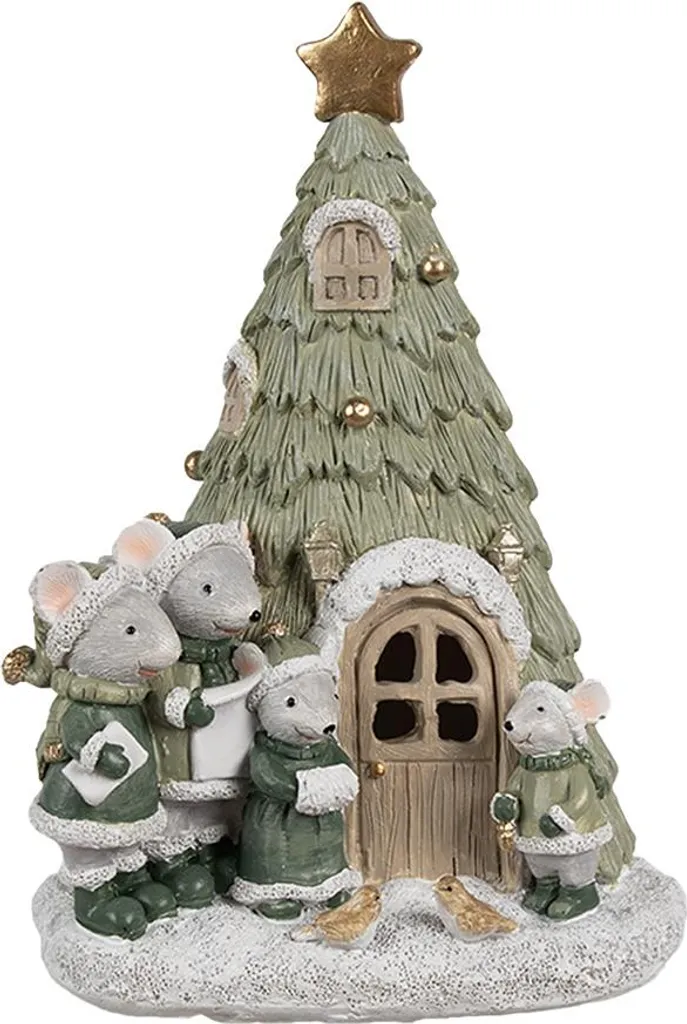Maisonnette de Noël en résine verte avec sapin illuminé LED 17 cm