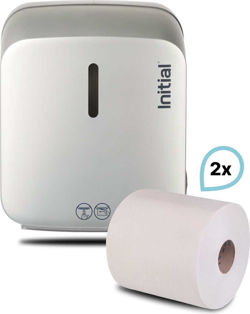 SET: Papierrollenspender Signature ShortCut SENSOR, berührungslos, weiß u. Silber +2Premium Handtuchrollen, Rentokil INITIAL : Farbe - Silber Far...