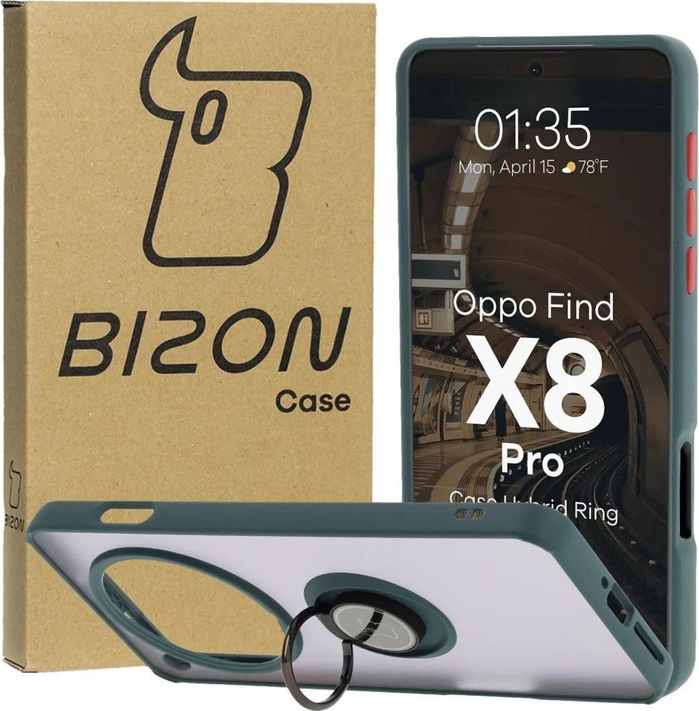 Bizon Case Hybrid Ring Fingerring Hülle für Oppo Find X8 Pro, Rauch mit dunkelgrünem Rahmen