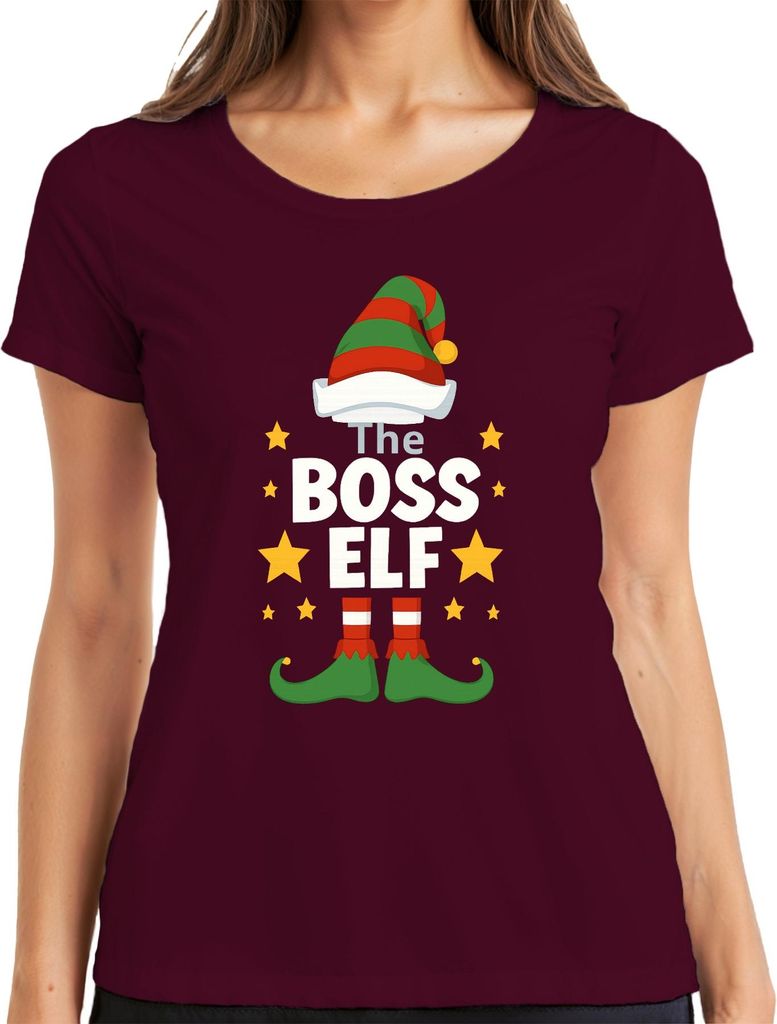 The BOSS ELF Weihnachten Elfen Lustig Weihnachtsfeier Chef Wichtel Damen T-Shirt, Burgundy, L