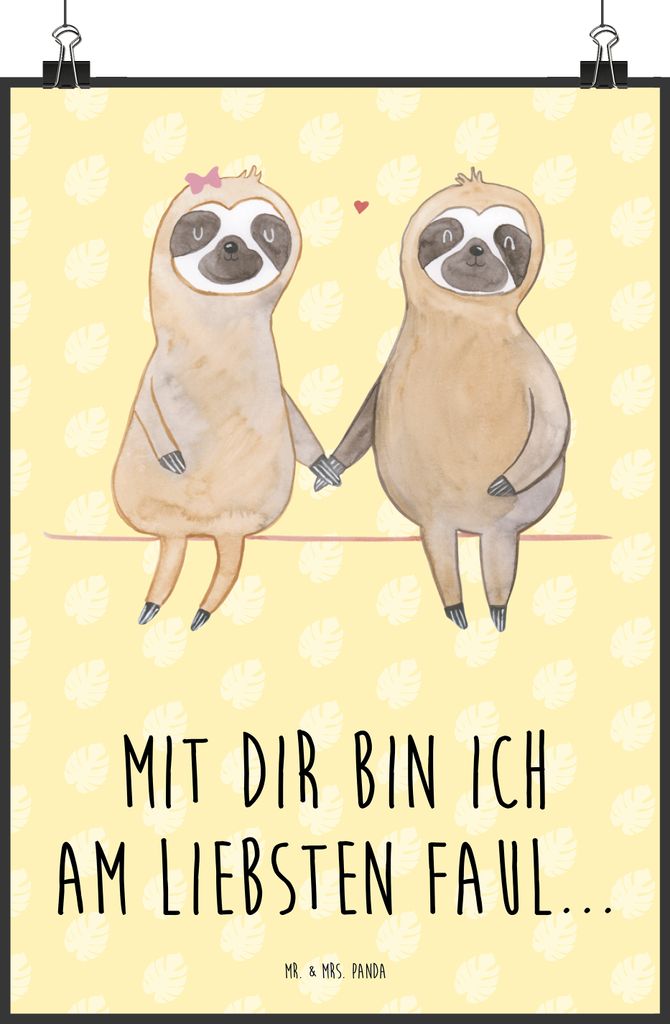 Mr. & Mrs. Panda Poster Faultier Pärchen DIN A2 - Gelb Pastell - Geschenk, drucke, Kunstdruck, Liebespaar, Liebe, Deko Bild, Wandbild, Posterdruck...