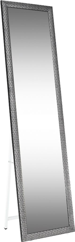 A full-length mirror with a decorative frame, standing on a white easel.