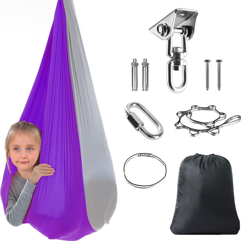 (Lila+Grau) Kinder-Hängematten-Schaukel, doppellagig, für drinnen und draußen, mit Yoga-Schaukel, Schaukelstuhl 150cm