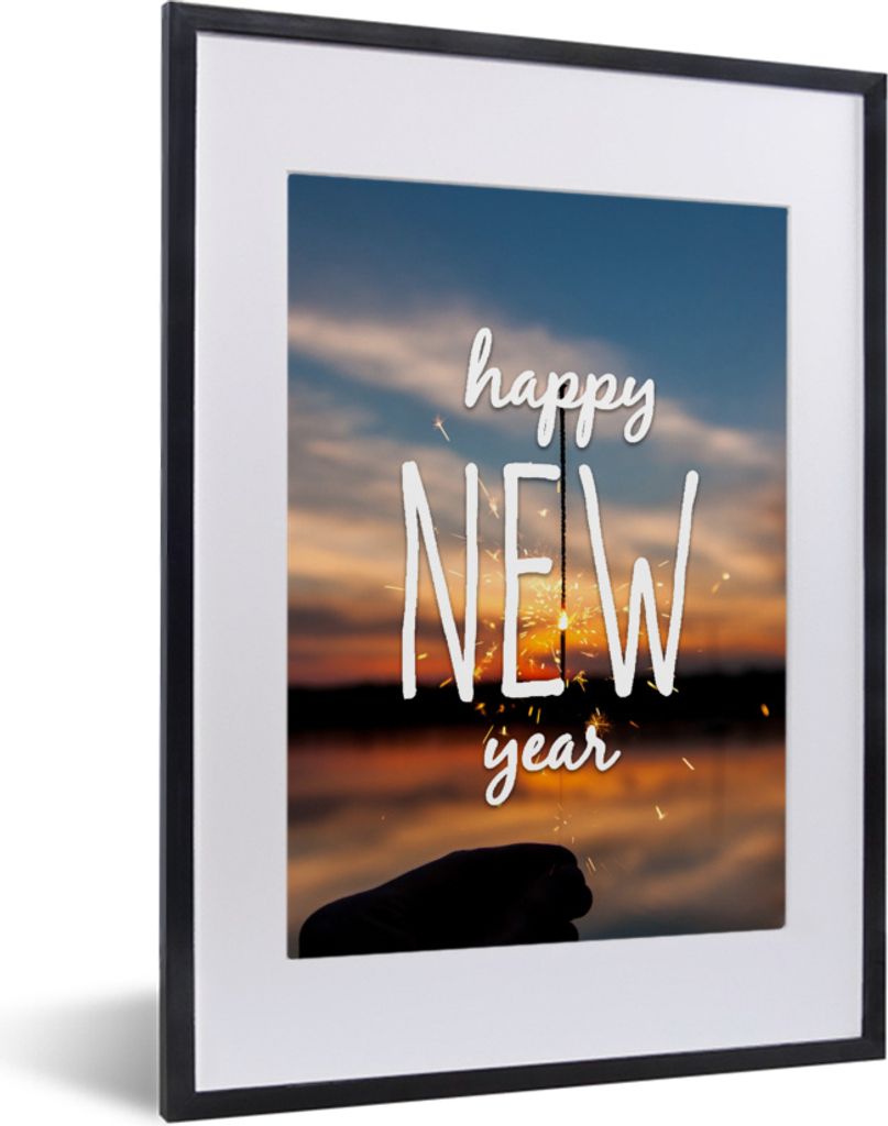 MuchoWow MuchoWow Gerahmtes Poster Zitate - 'Frohes neues Jahr' - Sprichwörter 30x40 cm - Poster mit zchwarzem Bilderrahmen - Wandposter Schla...