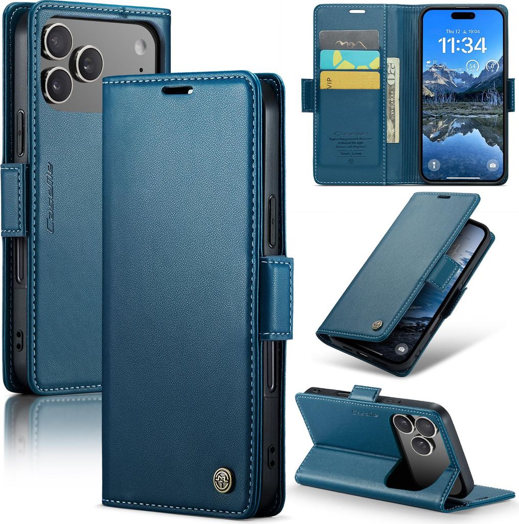 Lederhülle für iPhone 17 Pro Max Brieftasche Kartenfach Schutzhülle mit Standfunktion Blau