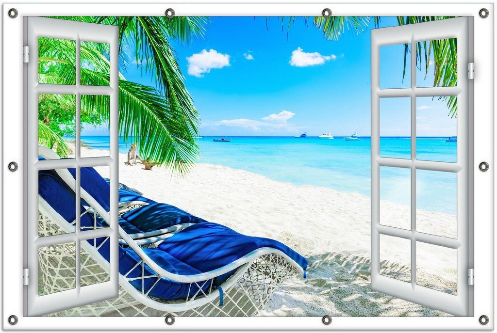 Wallario Outdoor-Poster für Garten oder Balkon, Motiv Blick durch ein Fenster auf den Strand, in ca. 100 x 150 cm
