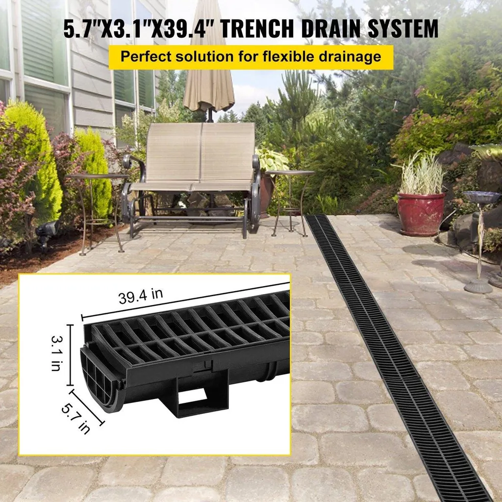 Sistema di drenaggio a fossa, canale di scolo con griglia in plastica, fossa di drenaggio in HDPE 145x79 mm, scarico per pavimento garage in plastica nera, griglia per fossa di drenaggio 3x39, con 3 tappi terminali, per giardino, vialetto - confezione da 3 - 2