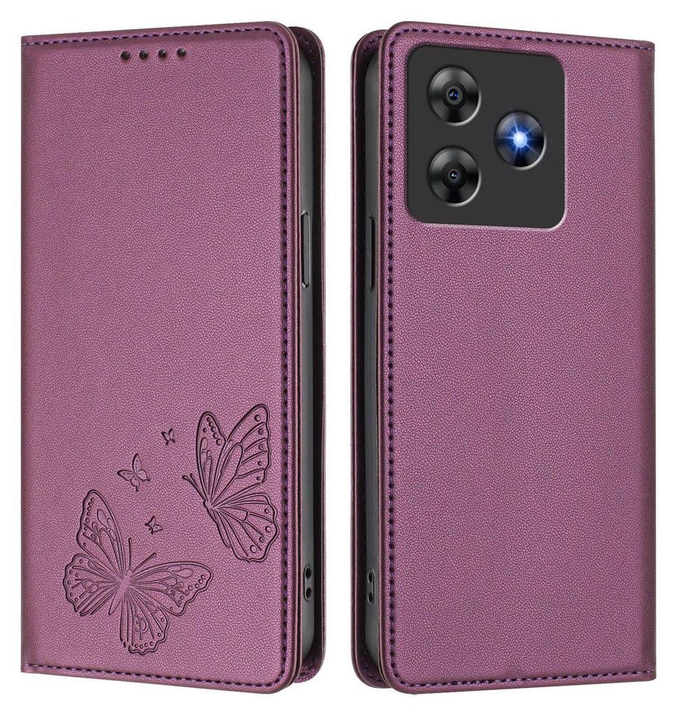 Lederhülle für Blackview Wave 8 /Wave 8C, Schmetterling Prägung Leder Brieftasche Schutzhülle mit Ständer Lila