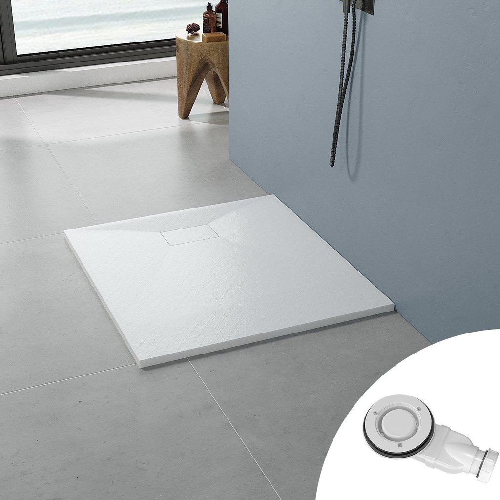 SMC Duschwanne 100x90cm weiß Steinoptik rechteckig zuschneidbar mit Ablaufgarnitur Duschtasse für bodenebene Montage