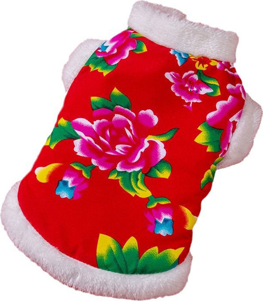 Haustierkleidung Knopfdesign Roter Blumendruck Haustier Baumwollmantel Bequeme Hunde Katzen Winterkleidung Heimtierbedarf