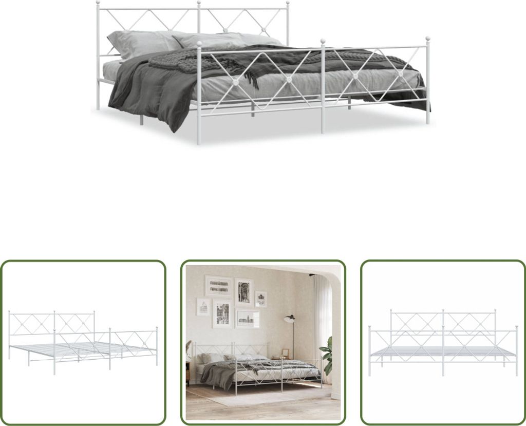 The Living Store Bettgestell mit Kopf- und Fußteil Metall Weiß 183x213 cm