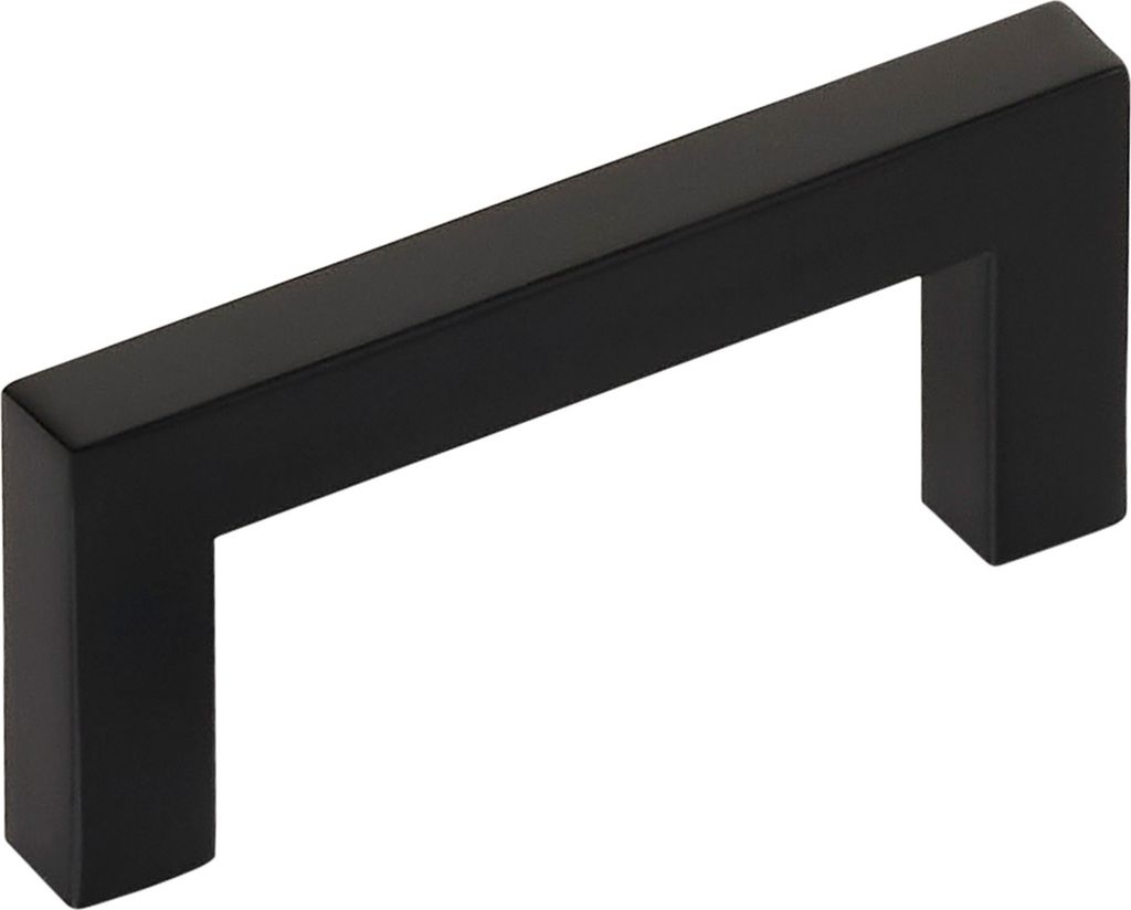 A black metal cabinet handle is shown against a white background.