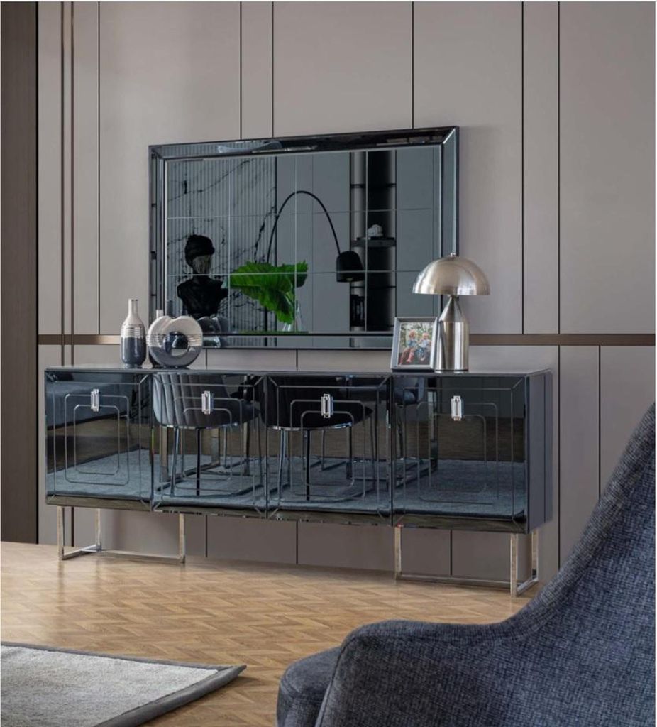 Schwarz-Graue Esszimmer Möbel Rechteckiger Esstisch 4x Textil Stühle