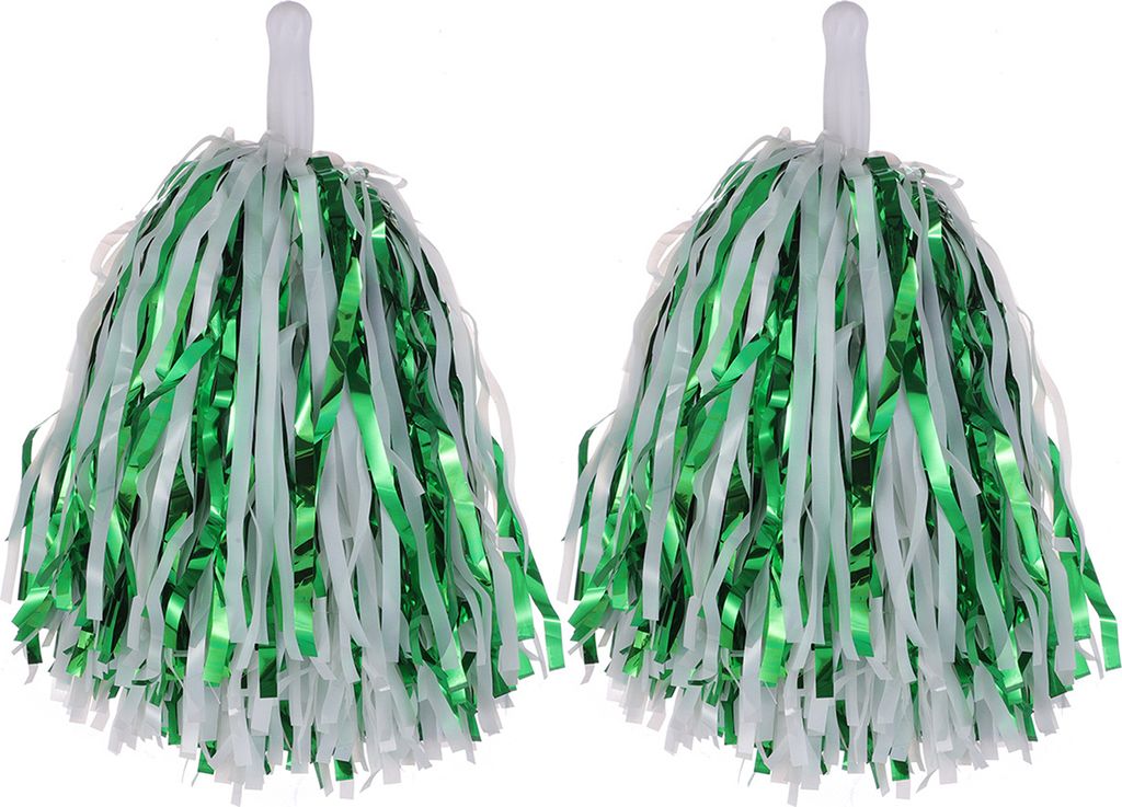 2 Stück Cheerleader-Pom-Poms aus Metallicfolie, Cheerleader-Pom-Poms, Handblumen mit Griff für Sportwettbewerbe und Feiern, Grün + Weiß