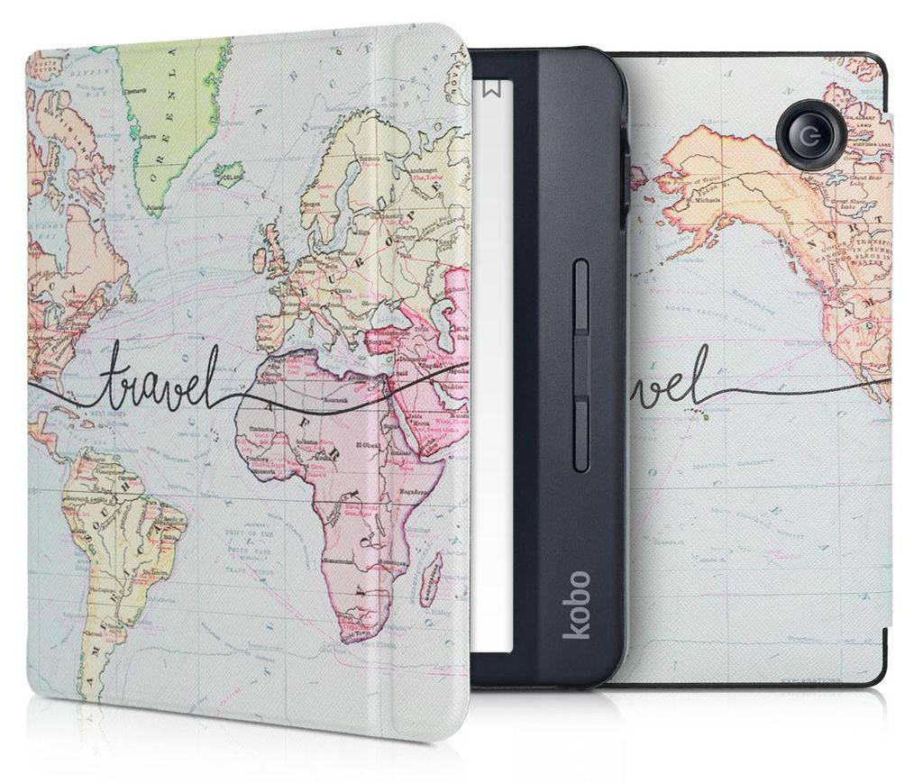 kwmobile Schutzhülle für Kobo Libra H2O Hülle - eReader Flip Case mit Auto Sleep Funktion - Travel Schriftzug mit Schwarz Mehrfarbig
