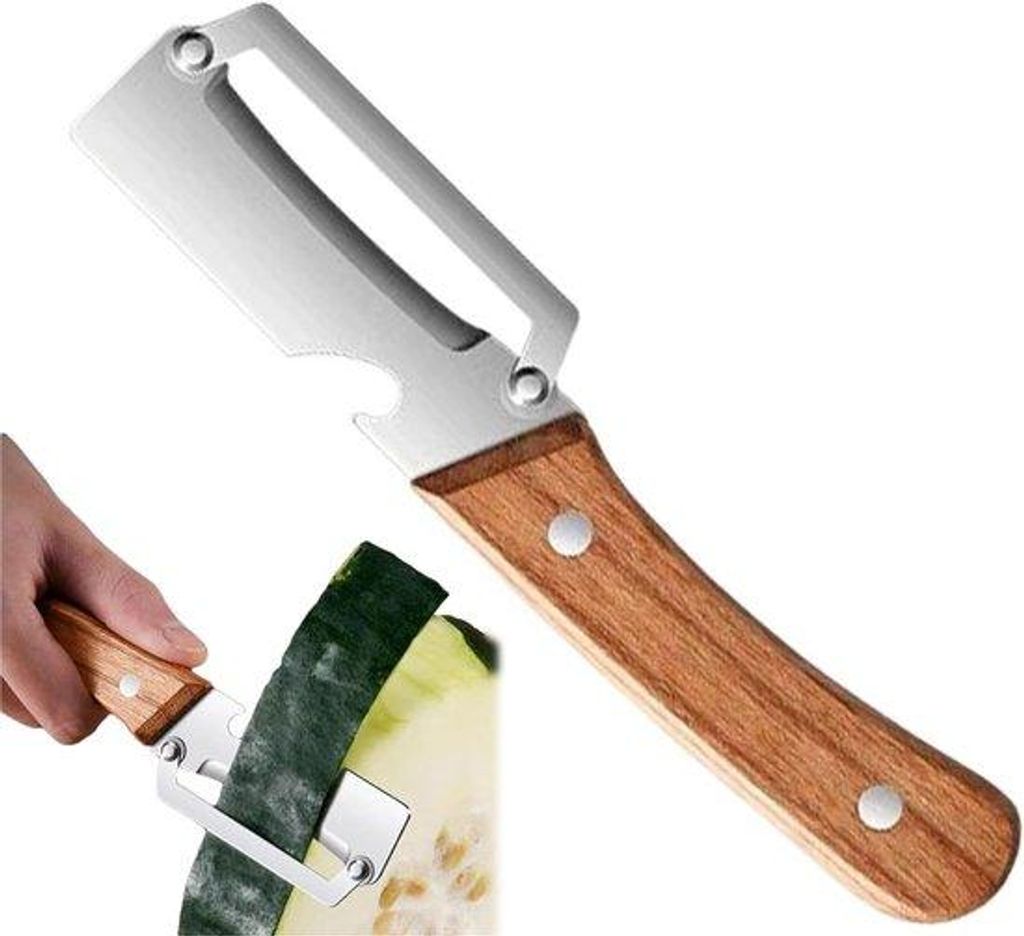 Multifunktioneller Gemüseschneider für die Küche, Multifunktioneller Obst- und Gemüseschneider aus Edelstahl mit Holzgriff und Flaschenöffner