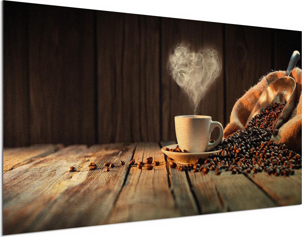 DEQORI Alu-Dibond Bild Gold 100x50 cm 'Rustikale Kaffeeliebe' Wandbild Metall dünn