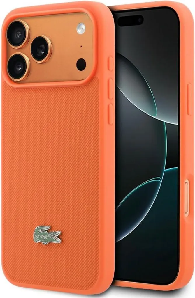 Custodia iPhone 17 Pro Max Lacoste Petit Pique Arancio Logo Metallo