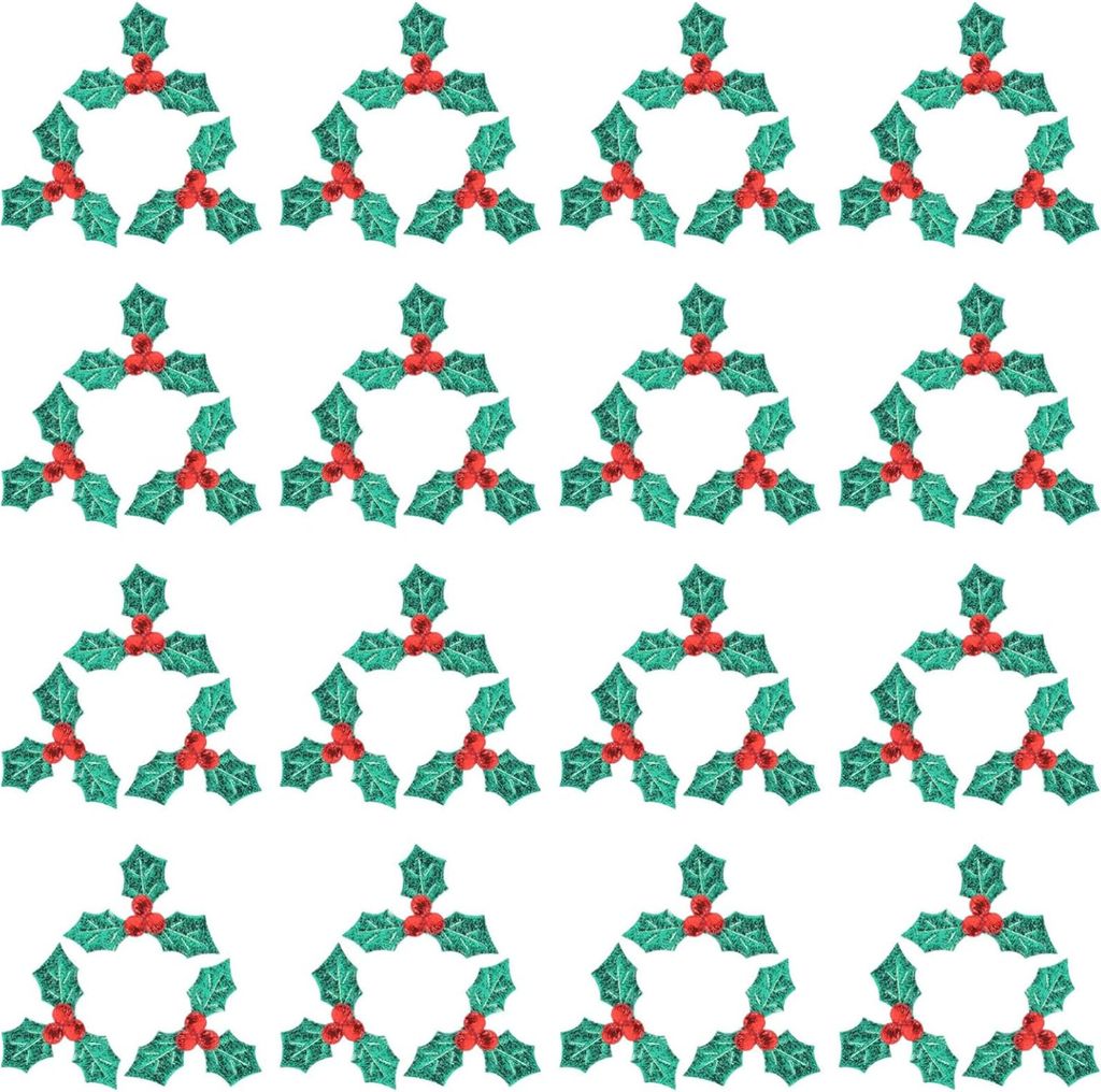 100 Stück Weihnachtsstoff-Stechpalmenbeeren mit drei Blättern für Kranzanordnung, Vasefüller, schwimmende Bastelparty, Zuhause