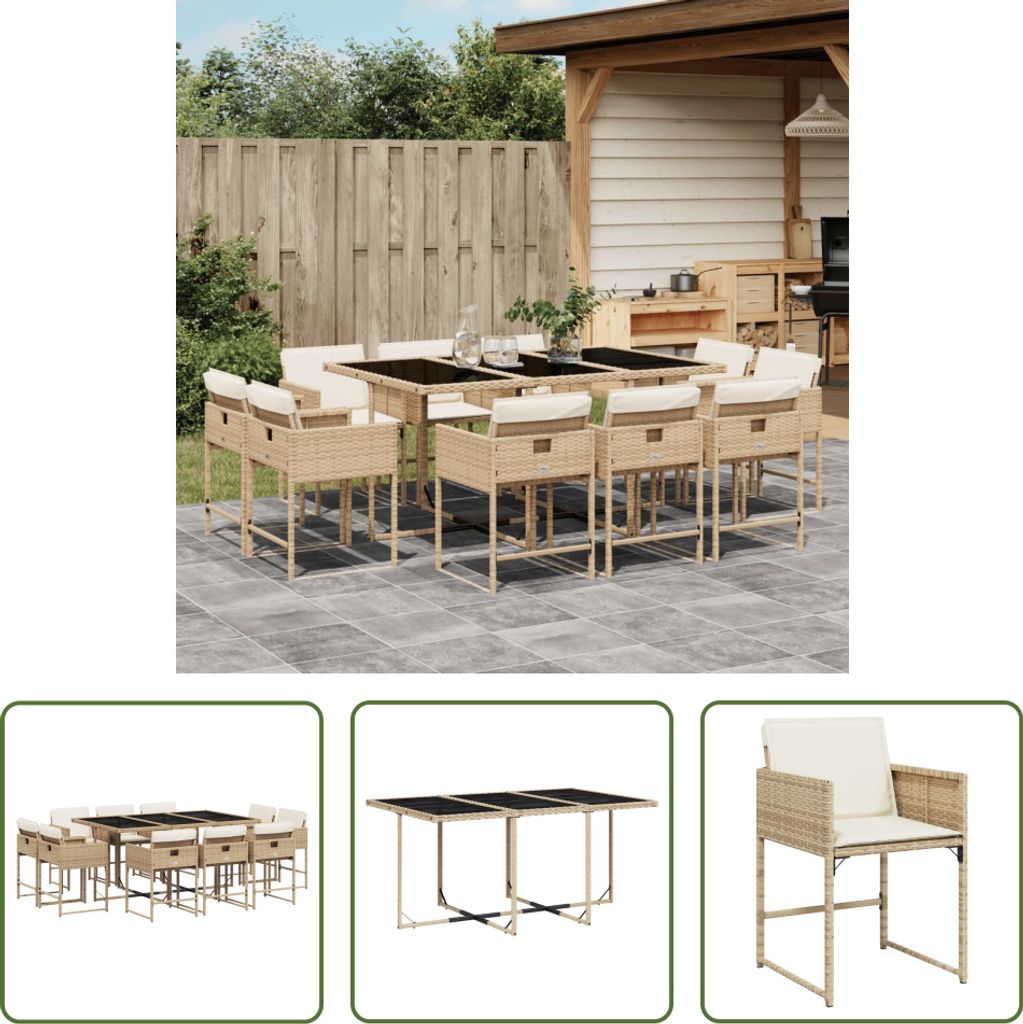 The Living Store 11-tlg. Garten-Essgruppe mit Kissen Beige Poly Rattan