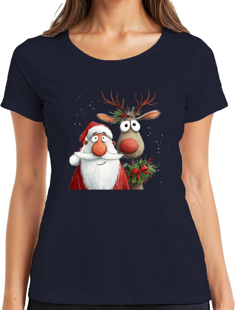 Weihnachtsmann Rudolph rote Nase niedlich Weihnachten Geschenk Damen T-Shirt, Navy, S