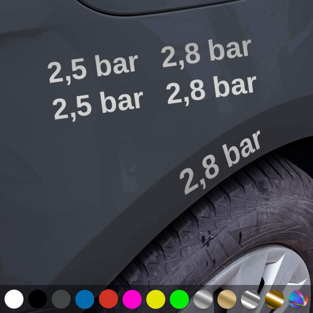 PantherPixel Reifendruck Aufkleber Reifenluftdruck BAR Luftdruck Sticker Auto Geschenkidee Farbe Silber