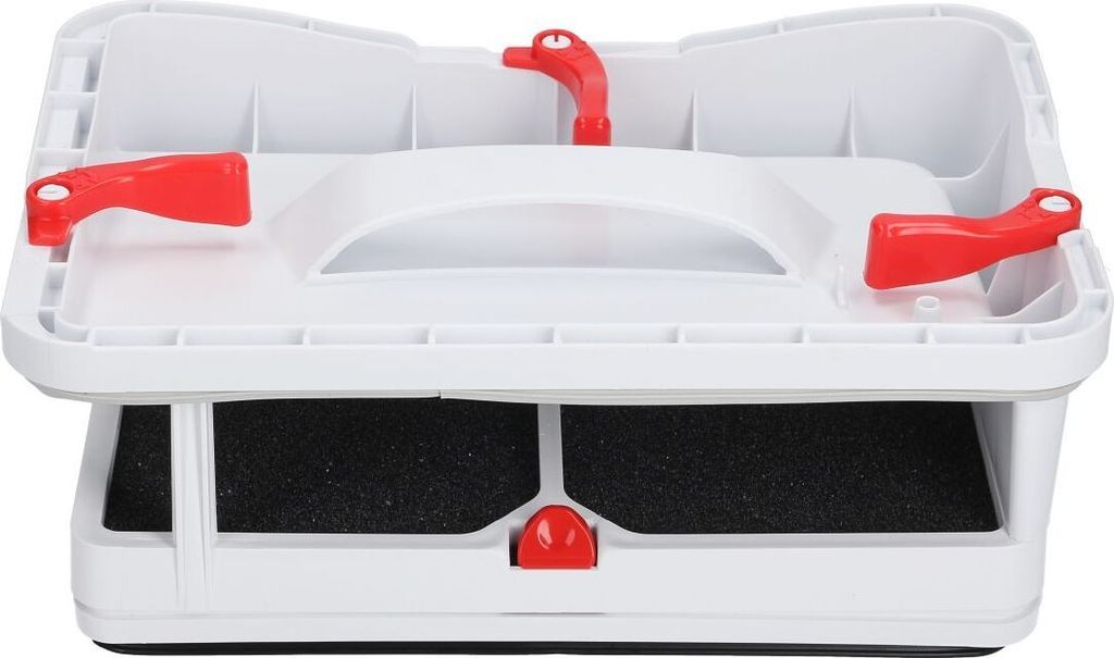 A white and red filter holder for a dryer.