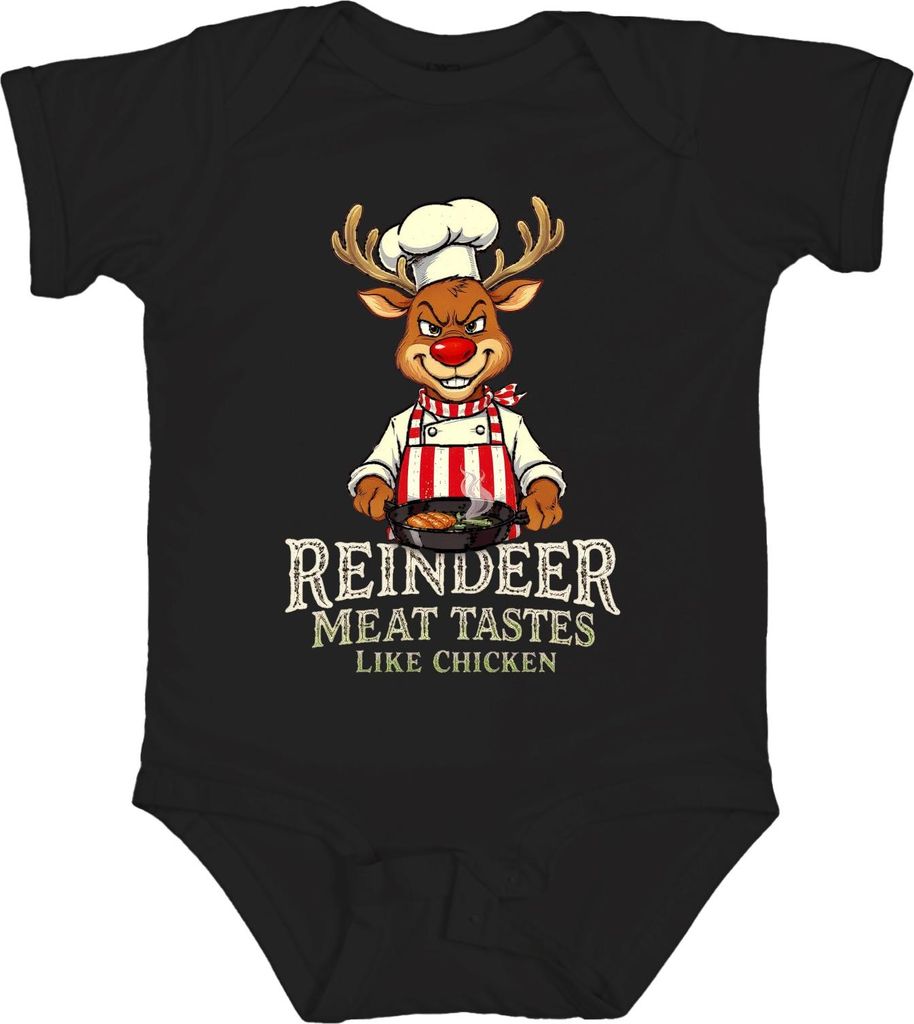 Reindeer Meat Tastes Like Chicken Rentier Koch Schürze lustig Unisex Baby Body, Schwarz, 18/24