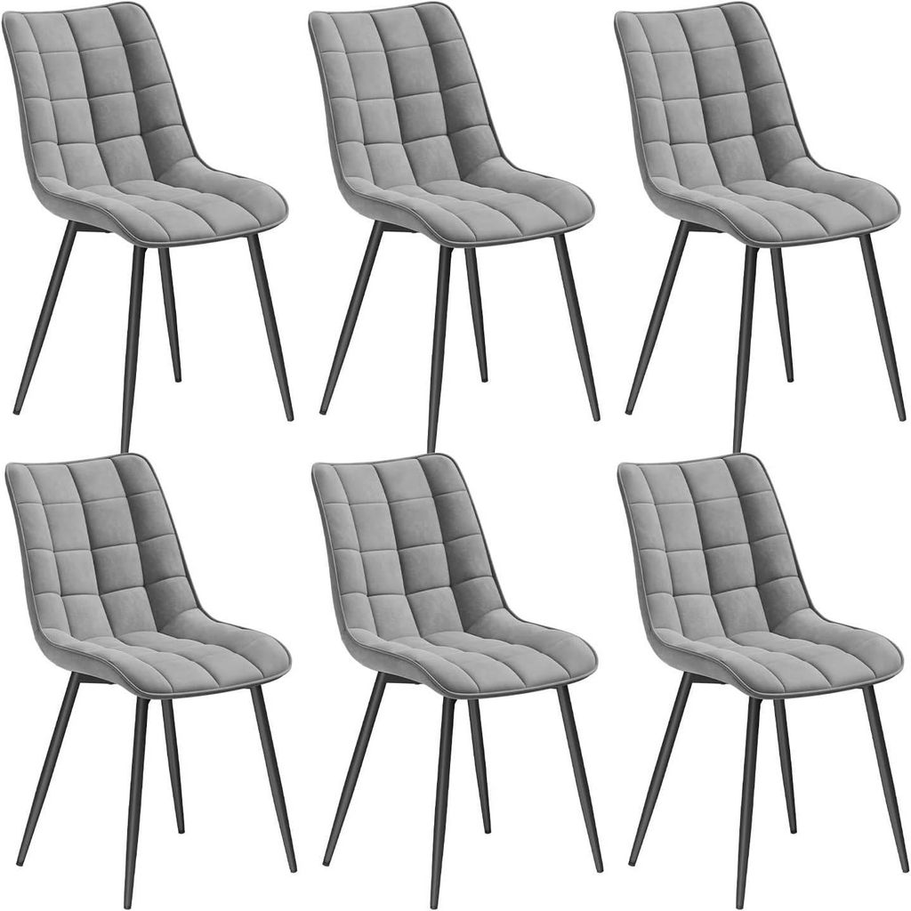 Six gray upholstered dining chairs with black metal legs are arranged in two rows of three against a white background.