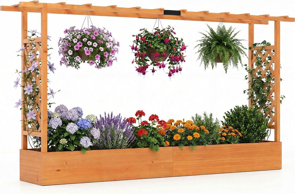 COSTWAY Blumenkasten, Pflanzkasten mit Rankgitter, Rankhilfe&hängendem Dach, Hochbeet für Kletterpflanzen,Sichtschutz Pflanzkübel 220x35x114 cm,...