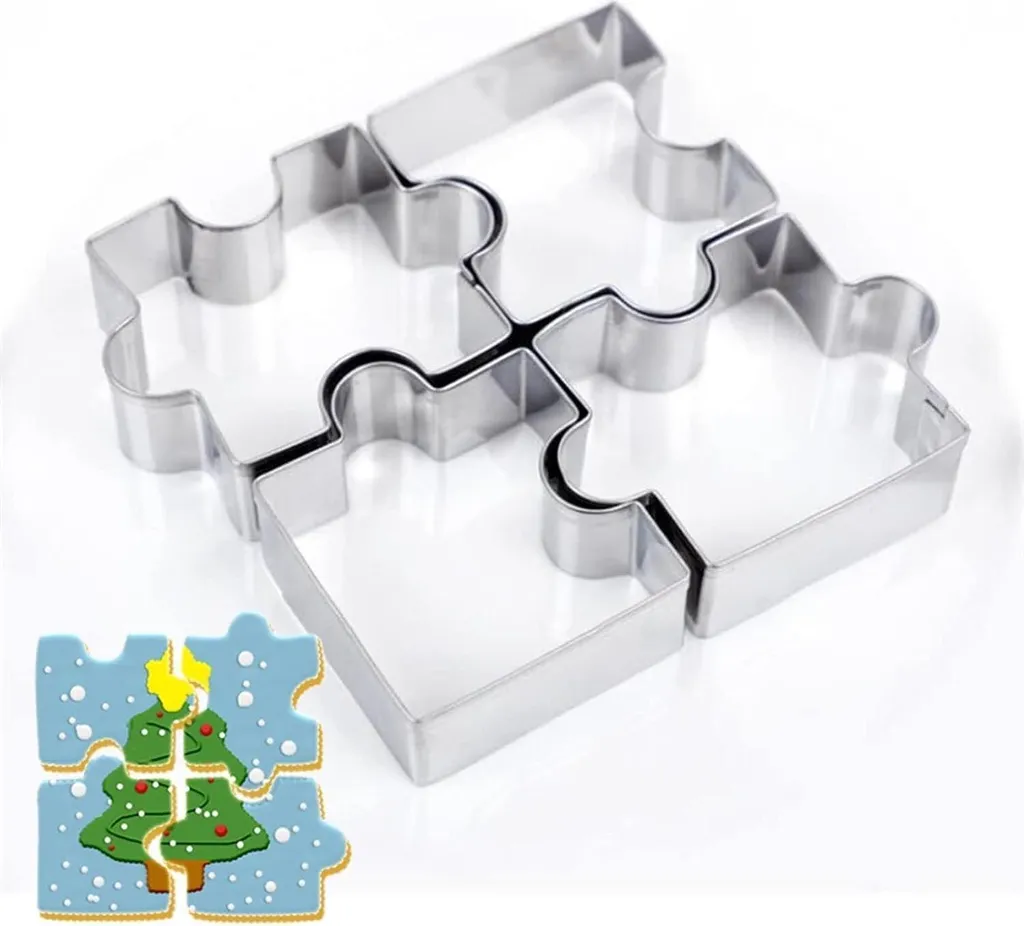 set di 4 tagliabiscotti in acciaio inox a forma di puzzle - adatti ai bambini e facili da pulire