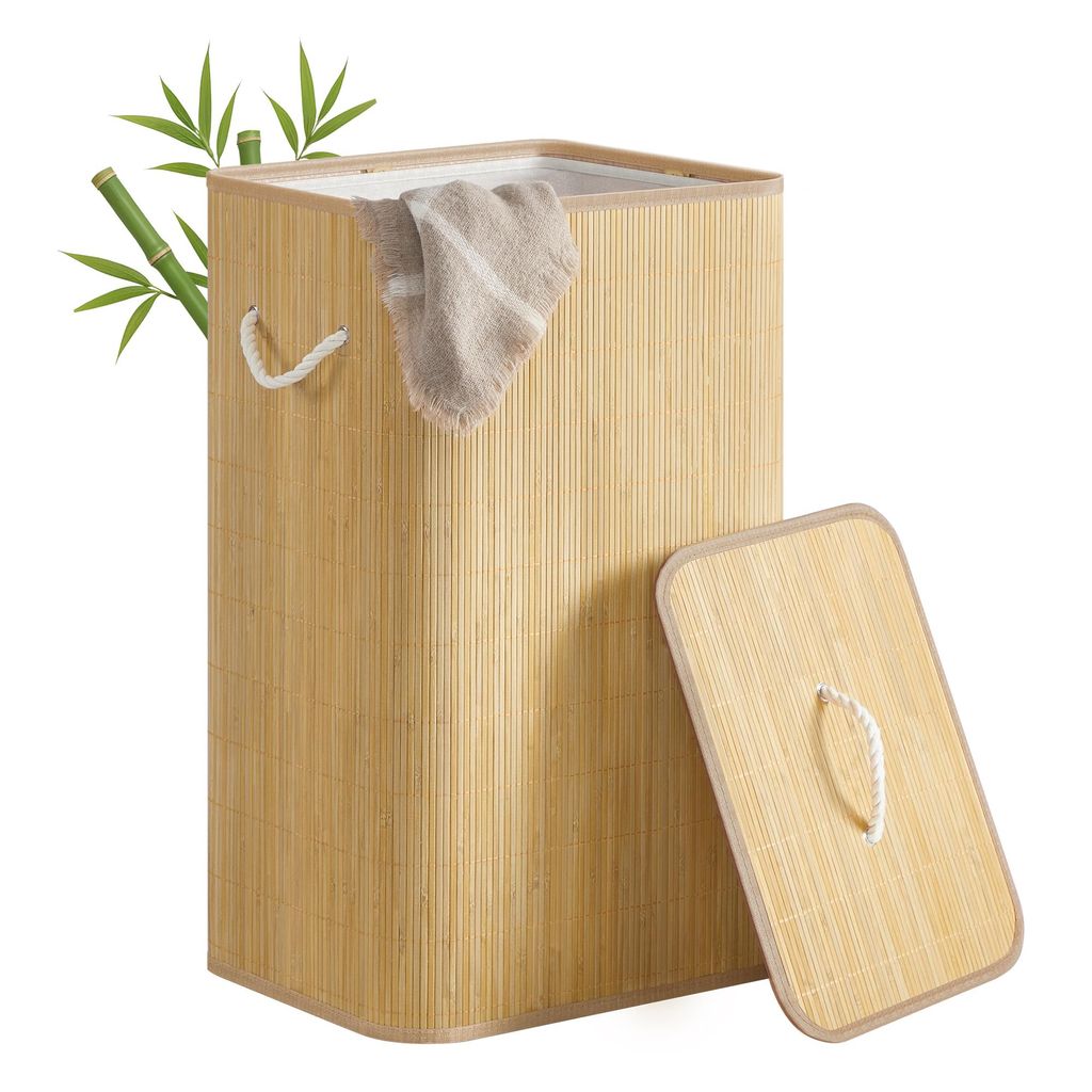 SONGMICS Wäschekorb mit Deckel, 90 L, Wäschesammler Bambus, Produktbild 