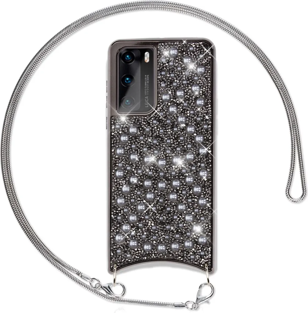 Custodia NALIA Glitter con Catena per Huawei P40 - Cover Nera Glamour