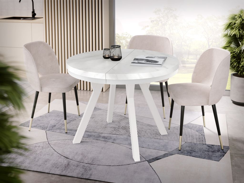 Designer Runder Ausziehbarer Esstisch in Weißer Marmoroptik - Loft-Stil, Industriell, Platzsparend - Weiße Beine - 100 bis 150 cm - für 5-8 Pers...