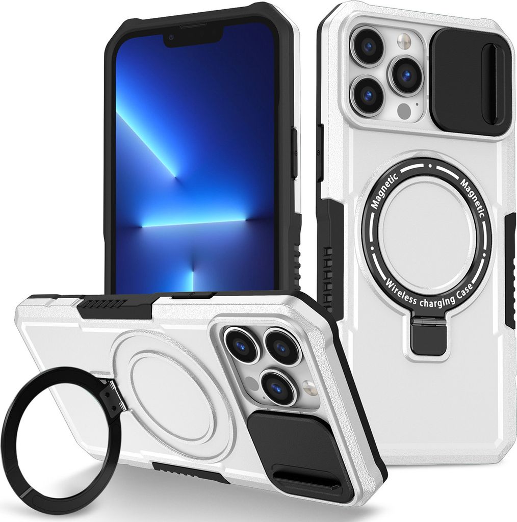 Handyhülle für iPhone 13 Pro Max Kompatibel mit MagSafe, Robuste Hülle mit Schiebe Kamera Schutz, Magnetischer Ringständer Weiß