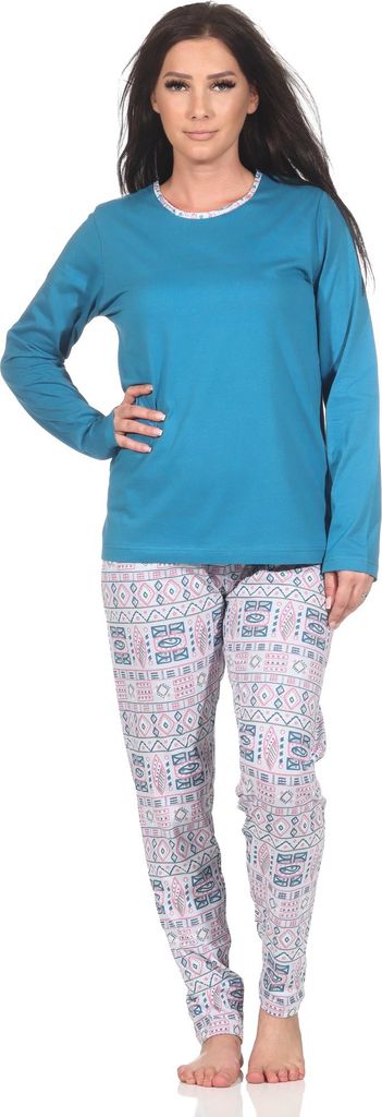 Normann Damen langarm Schlafanzug Pyjama im wunderschönen Ethnolook ; blau , 36