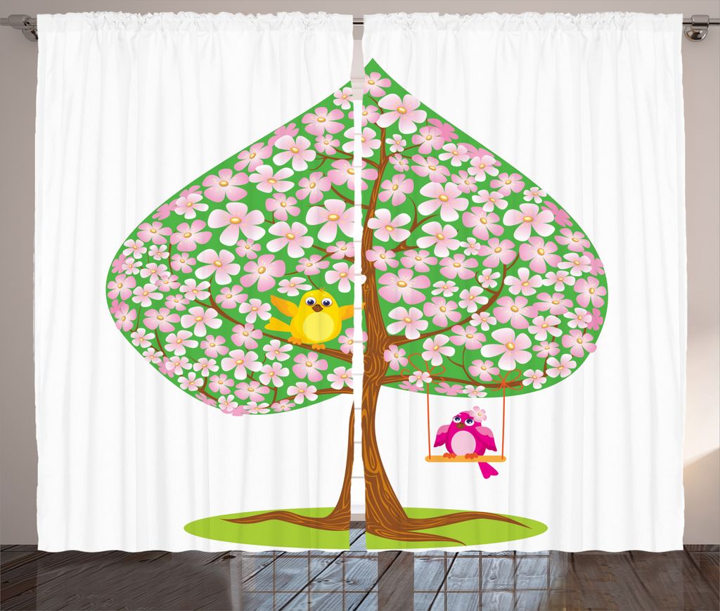 ABAKUHAUS Frühling Rustikaler Gardine, Herz-Form-Blüten, Schlafzimmer Kräuselband Vorhang mit Schlaufen und Haken, 280 x 175 cm, Rosa Grün Braun