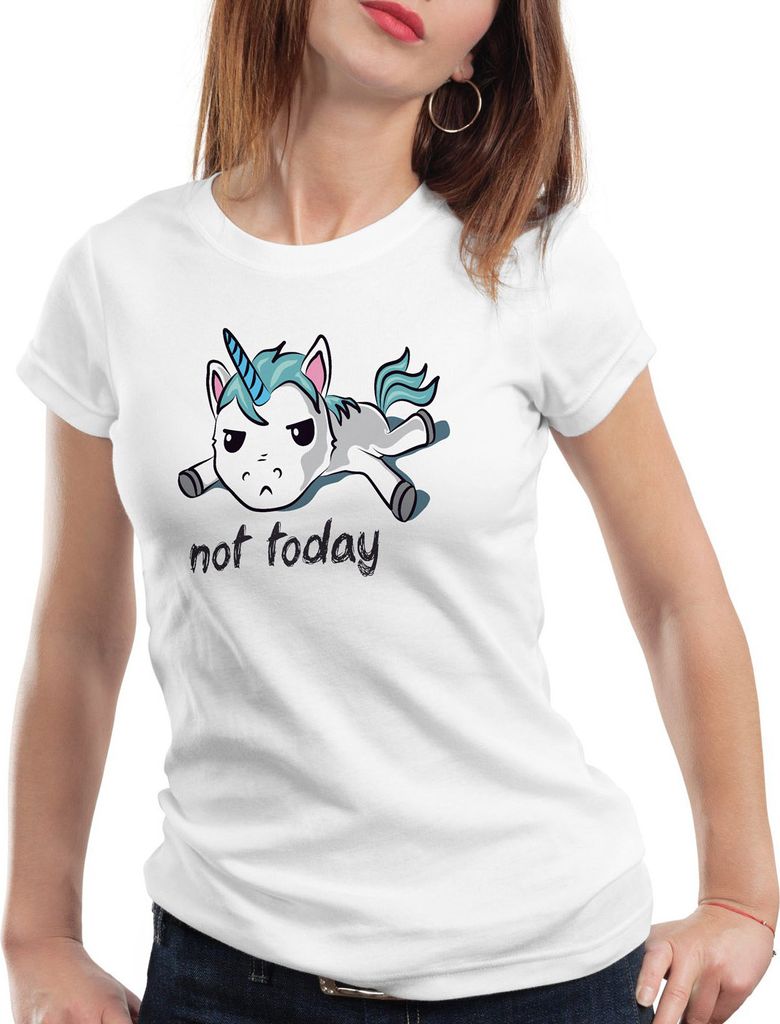 style3 Not today Unicorn Einhorn Damen T-Shirt, Farbe:Weiß, Größe:S